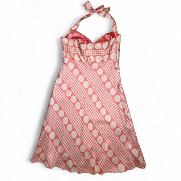 Laundry by Shelli Segal Retro Pink Polka dot 100% Silk Halter Fit & Flare Dress - Picture 7 of 8
